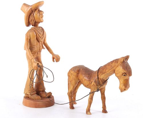 Western American Folk Art Cowboy & Horse Carving