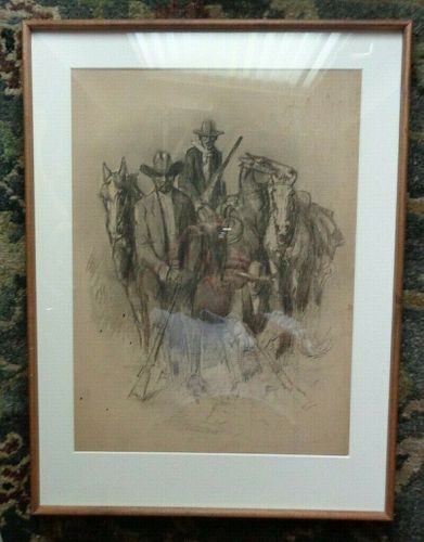 HAROLD BROWN BAKER western charcoal drawing 'Men with Horses', Alva, Parsons