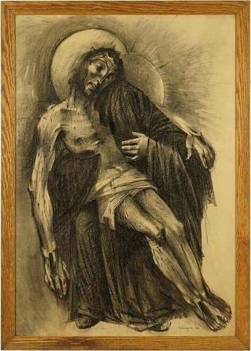 Large charcoal 'Pieta', signed, dated 1950, unidentified, ex Haggerty Museum