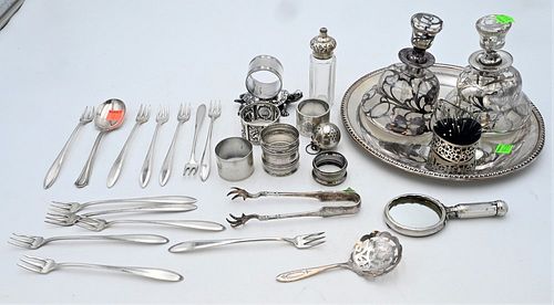 Silver Mirror with Lipstick Case, along with two silver overlay bottles; Caldwell tongs; Tiffany tongs; silver plated turtle napkin ring; silver plate
