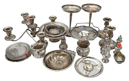 Two Tray Lots of Sterling Silver, to include nut dishes, plates, creamer, sugar, salts, weighted candlesticks and compotes, 59.4 t.oz. weighable sterl