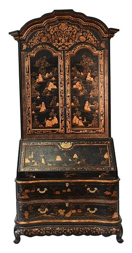 Chinoiserie Decorated Secretary Desk in Two Parts, upper section with two doors opening to reveal doors and drawers on lower section, having slant lid