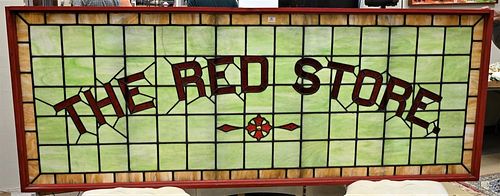 Three Leaded and Stained Glass Windows, one to include a lighted center having "The Red Store" logo, center 38 x 97 1/2 inches, each side 39 x 25 inch