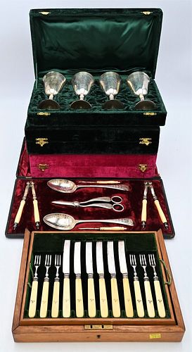 Group of Silverplate, in fitted boxes, to include a fish set by Elkington; a Victorian shell fish or lobster set having claw crackers, picks and spoon