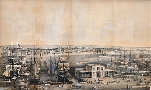 Smith Bros. & Company, view overlooking Wall Street Ferry and Brooklyn as seen from Trinity Church, circa 1850, lithograph, frame size 37 x 52 inches,