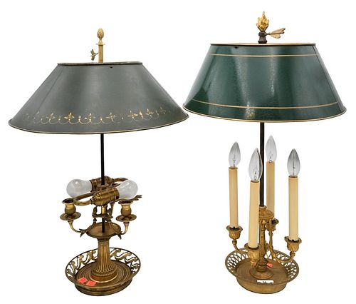 Two Brass Boulette Table Lamps, one having four-way lighting with tole adjustable shade; the other with two-way lighting and adjustable tole shade.