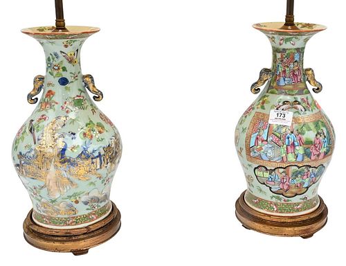 Pair of Chinese Rose Medallion Vases, to include a celadon glazed having painted courtyard scene with figures, butterflies, birds and wildflowers, mad