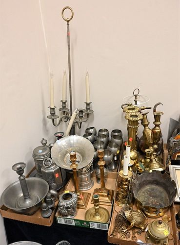 Six Tray Lots of Brass and Pewter, to include brass candlesticks, a pair of large brass push-up candlesticks, a pair of pewter candlesticks, bowls, al