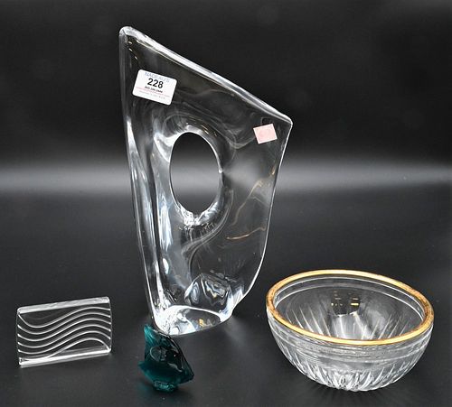 Four Piece Group of Glass, to include a Daum Nancy Monumental freeform vase, height 11 3/4 inches; Lalique blue fish; Lalique paperweight; along with 