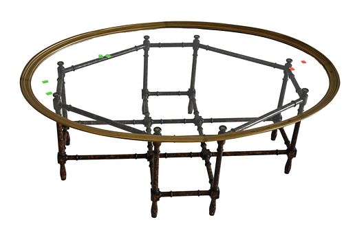 Brass, Wood and Glass Coffee Table, height 16 inches, top 31 x 45 inches.