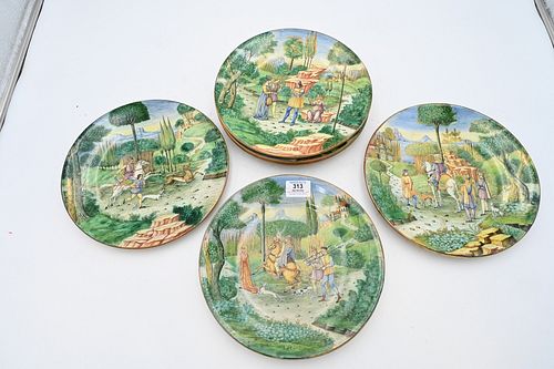 Set of Seven Cantagalli Majolica Italian Faience Scenic Plates, 19th or 20th century, diameter 10 1/4 inches.