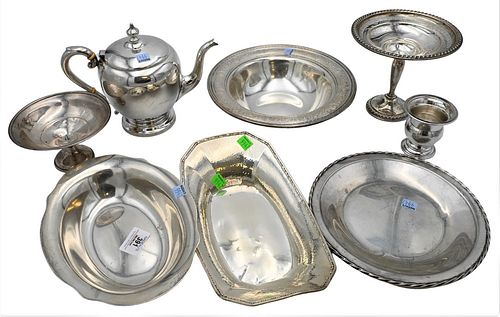 Large Group of Sterling Silver, to include a teapot, bowl, plate, two serving dishes, along with two weighted compotes, 58.2 t.oz. plus two weighted p
