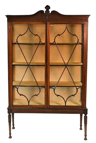 Sheraton Style Mahogany Crystal Cabinet, having glazed doors on fluted legs, height 75 inches, width 45 1/4 inches.