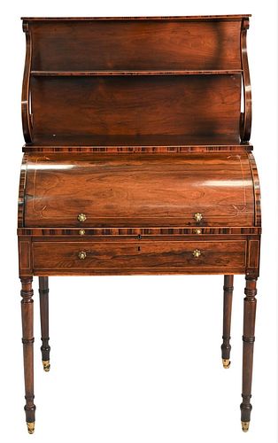 George IV Rosewood Ladies Desk, having double shelf over cylinder roll top and pull out leather top writing surface over drawers, set on turned legs, 