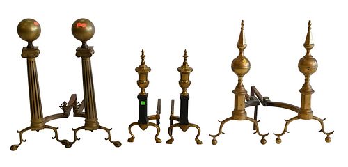 Large Group of Brass Andirons and Tools, to include four sets of andirons, along with one set of tools, tallest pair 24 inches.