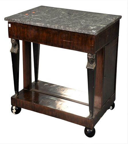 French Empire Mahogany Pier Table, having marble top, ends having drawers and doors with metal figural form over ball feet, including lower mirror, 19