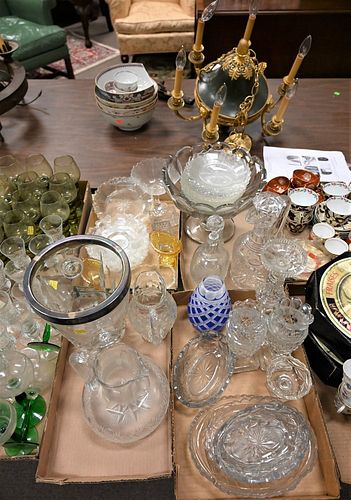 Four Tray Lots of Cut Glass and Crystal, to include a pitcher, decanter, bowls, etched glass decanter, cut crystal plates, etc.