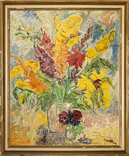 Conte Signed Floral Still Life Oil on Canvas, 1964