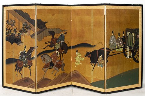 Japanese Folding Four Panel Screen Hand Painted