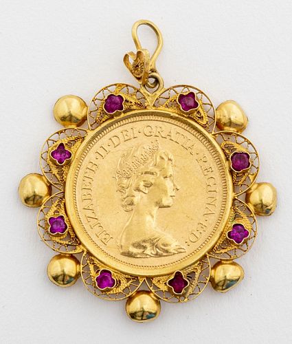 22K/18K  Elizabeth II Gold Sovereign Ruby Pendant