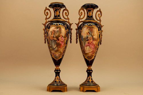 Antique Pair of Gilt French Sevres Porcelain Urns