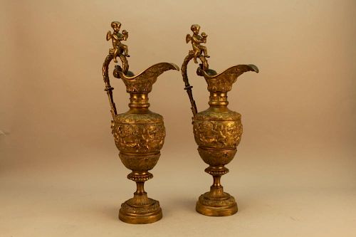 Pair of 19th Century Gilt Bronze Figural Ewers