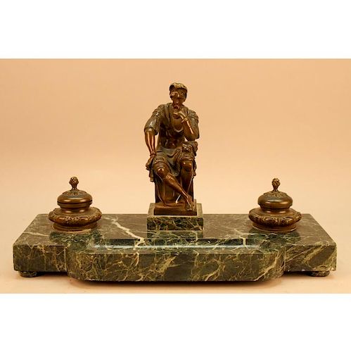 Antique French Bronze/Marble Figural Inkwell