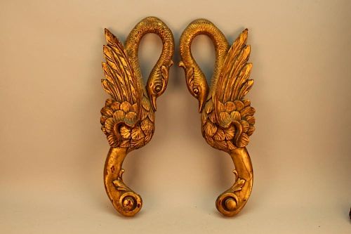 Antique Gilt Carved Swan Figural Wall Mounts