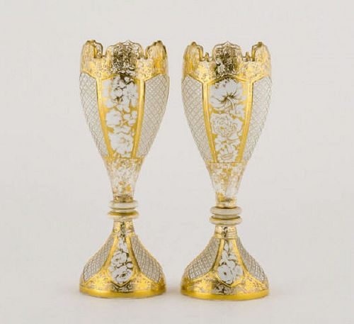 Pair of Bohemian Enamelled Cased Glass Vases