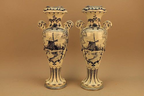 Antique pair of Royal Delft Blue/White Vases