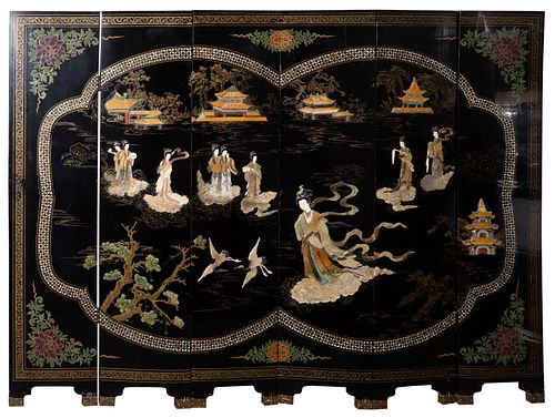 Asian Black Lacquer and Stone Folding Screen