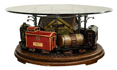 Train Coffee Table with Round Glass Top
