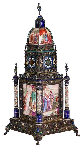 Viennese Silver and Enamel Hand Painted Tower Clock