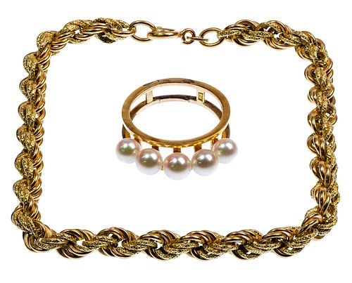 18k Yellow Gold and Pearl Ring and Twisted Rope Bracelet