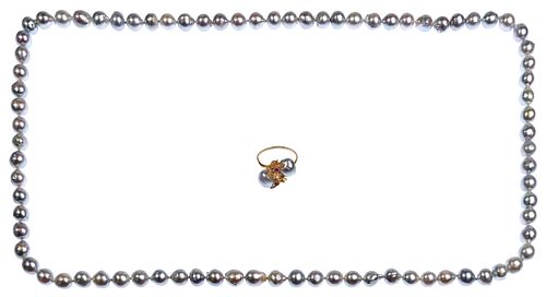 18k Yellow Gold and Blue Gray Cultured Pearl Jewelry