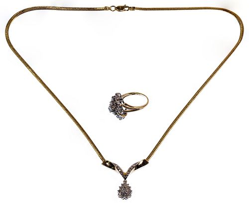 14k Yellow Gold and Diamond Necklace and Ring