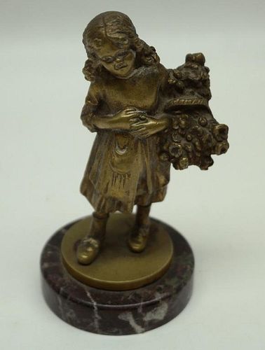 Antique French Bronze Statue of Girl w/ Flowers