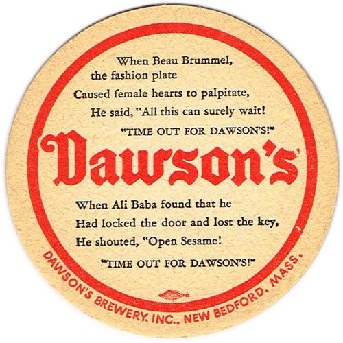 1951 Dawson's Beer 4 inch coaster MA-DAW-27