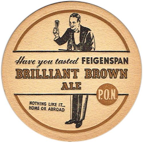 1939 Feigenspan P.O.N. Brilliant Brown Ale 4 1/4 inch coaster NJ-FEI-43