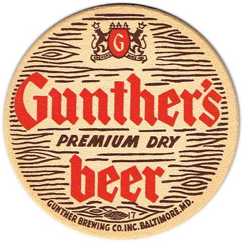 1947 Gunther's Premium Dry Beer 4 1/4 inch coaster MD-GUN-9