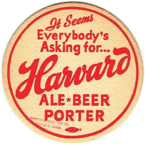 1940 Harvard Beer/Ale/Porter 4 1/4 inch coaster MA-HARV-8