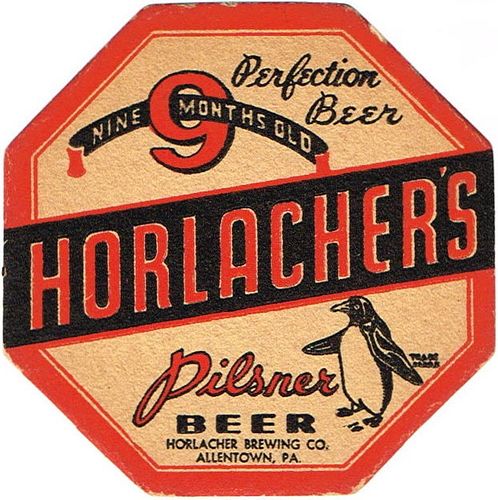1938 Horlacher's Pilsner Beer 4 1/4 inch Octagon Coaster PA-HORL-1