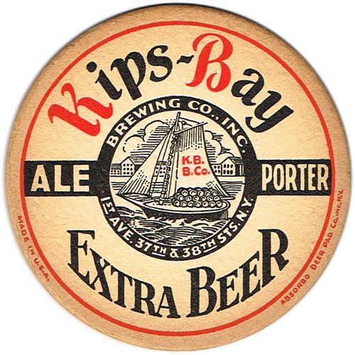 1934 Kips-Bay Beer/Ale/Porter 4 1/4 inch coaster NY-KIP-1