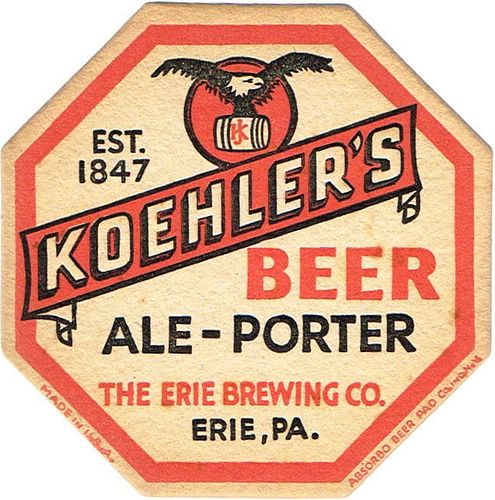 1936 Koehler's Beer-Ale-Porter 4 1/4 inch Octagon Coaster PA-ERIE-1