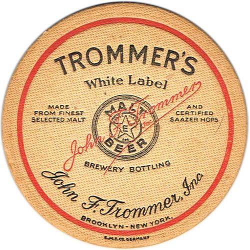 1933 Trommer's White Label Beer 4 1/4 inch coaster NY-TMR-64