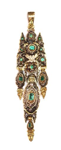 A cased late 18th century or early 19th century emerald set Catalan earring,