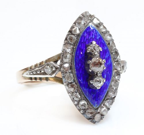 A Georgian diamond and enamel navette shaped ring,