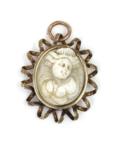 A cameo depicting a lady with her hair up, wearing a tiara or headdress,