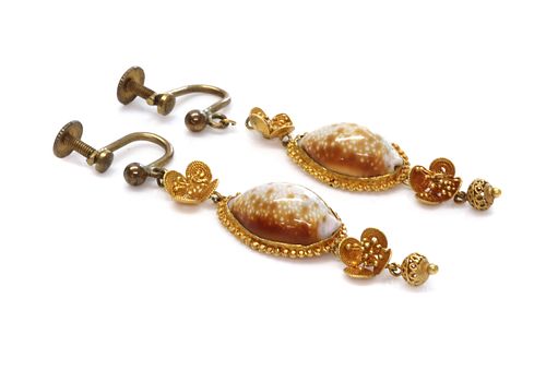 A pair of early Victorian cowry shell drop earrings,