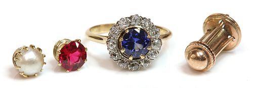A gold interchangeable gem set and diamond cluster ring and earrings suite,